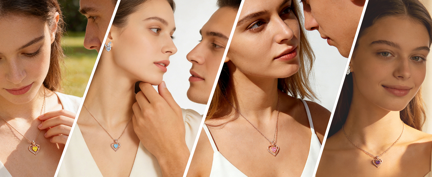 Elegant 1.2CT Rose Heart Necklace featuring Moissanite or Lab-Grown Birthstone in S925 Sterling Silver with 18K White or Rose Gold plating and engraved I LOVE YOU floral design.