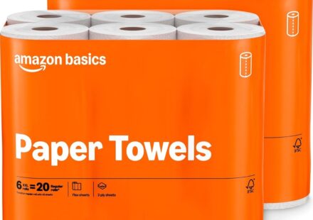 Amazon Basics 2-Ply Flex-Sheets Paper Towels 12 roll pack with 150 sheets per roll for kitchen cleaning and everyday household use.