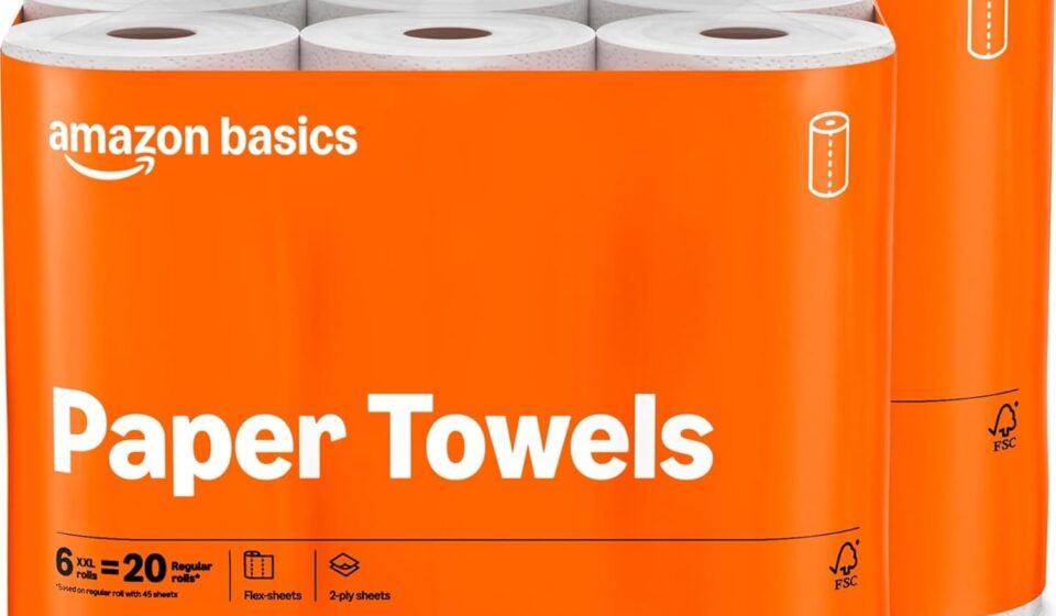 Amazon Basics 2-Ply Flex-Sheets Paper Towels 12 roll pack with 150 sheets per roll for kitchen cleaning and everyday household use.