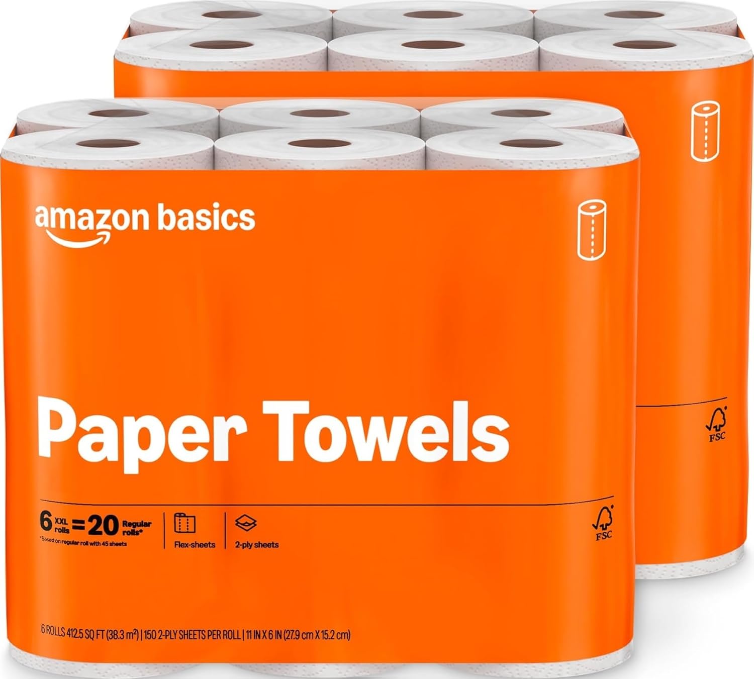 Amazon Basics 2-Ply Flex-Sheets Paper Towels 12 roll pack with 150 sheets per roll for kitchen cleaning and everyday household use.