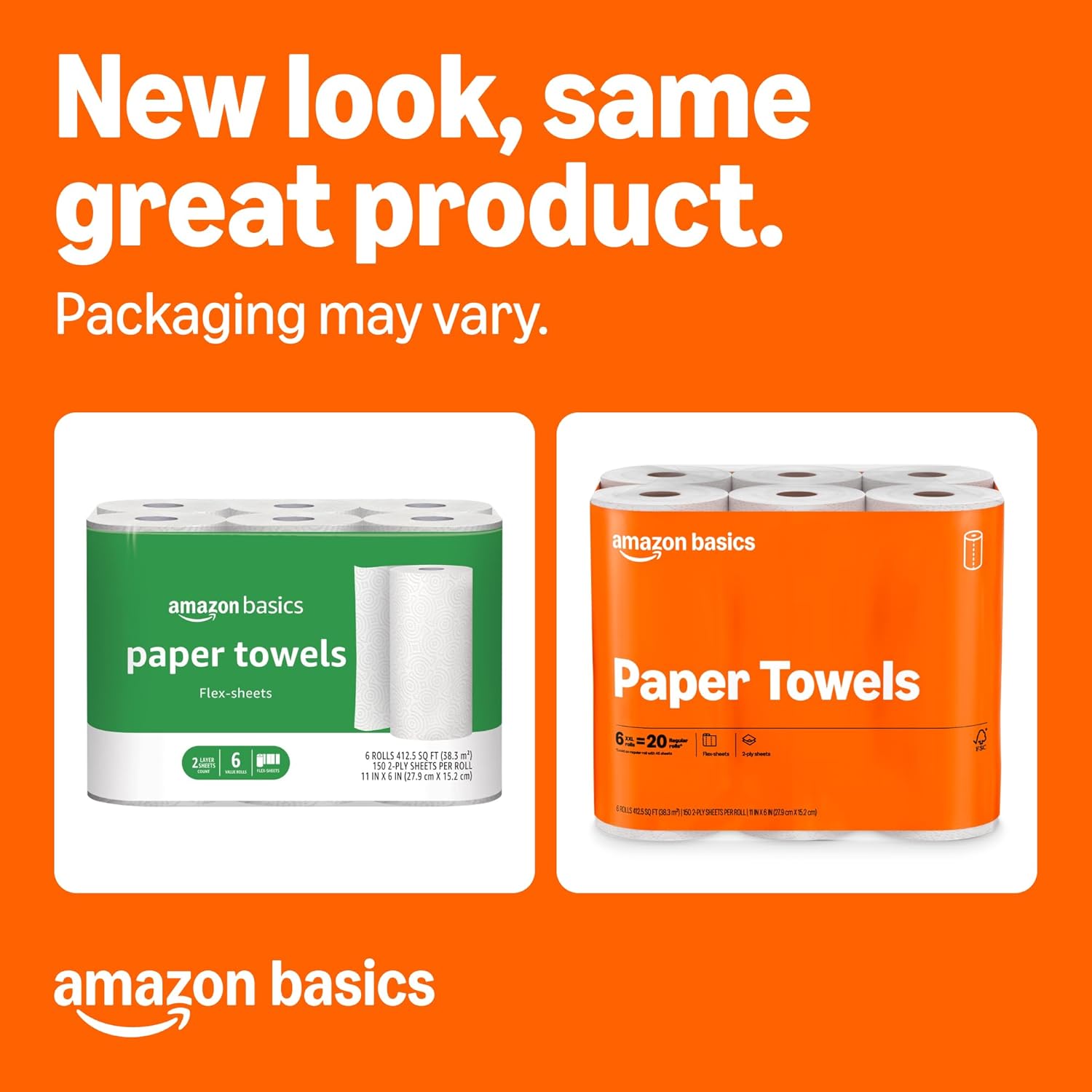Amazon Basics 2-Ply Flex-Sheets Paper Towels 12 roll pack with 150 sheets per roll for kitchen cleaning and everyday household use.
