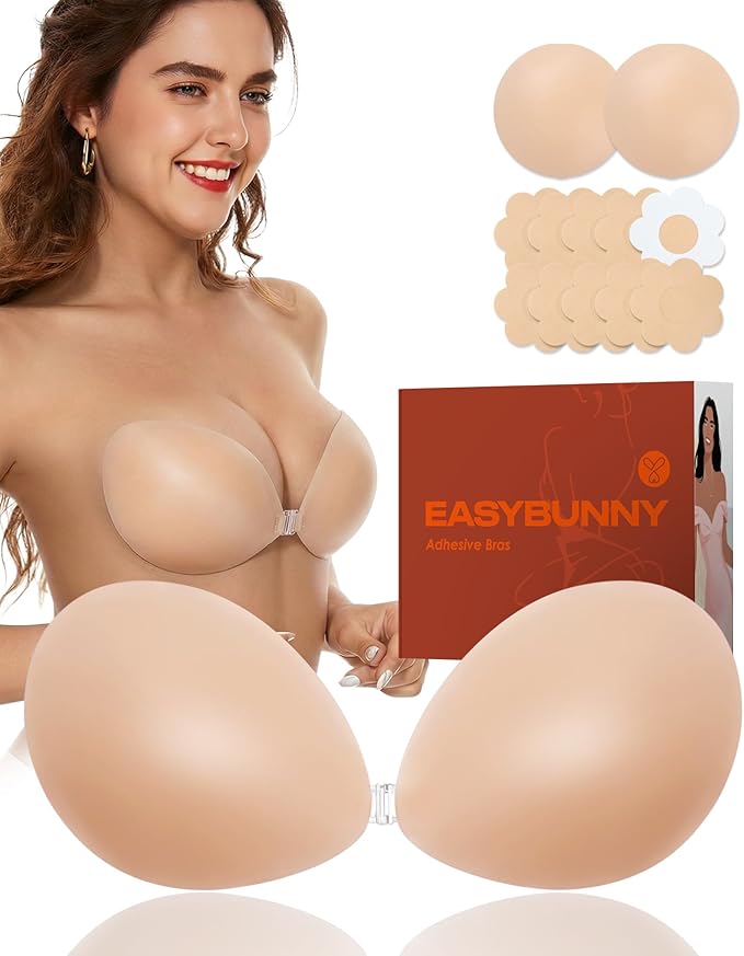 2026 silicone sticky bra strapless invisible push up adhesive bra with reusable design and matching pasties kit for backless dresses.