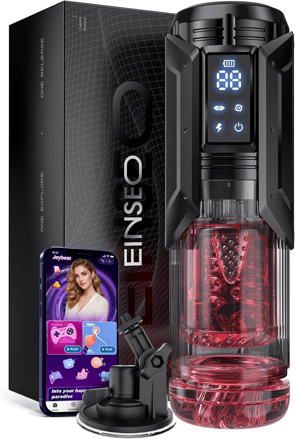 AI Sync waterproof male personal wellness device with rechargeable battery, smart connectivity, and customizable stimulation modes.