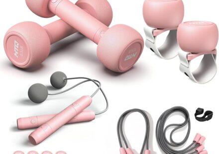 HTQ adjustable dumbbells 5 in 1 fitness set featuring dumbbells, barbell, kettlebells, jump rope, wrist weights, and resistance bands for home workouts.