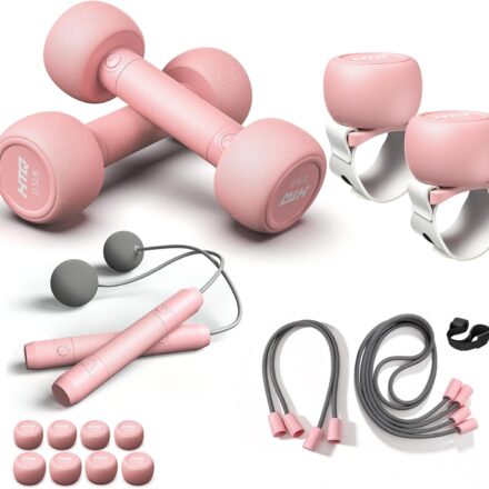 HTQ adjustable dumbbells 5 in 1 fitness set featuring dumbbells, barbell, kettlebells, jump rope, wrist weights, and resistance bands for home workouts.