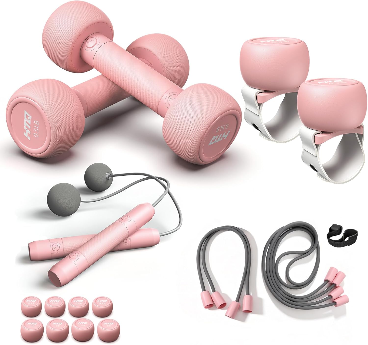 HTQ adjustable dumbbells 5 in 1 fitness set featuring dumbbells, barbell, kettlebells, jump rope, wrist weights, and resistance bands for home workouts.
