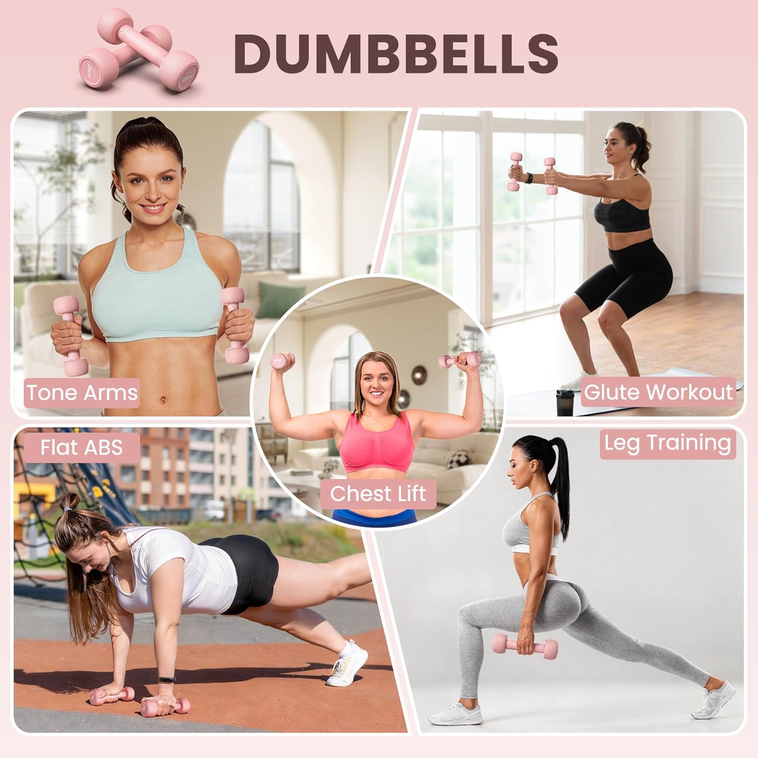 HTQ adjustable dumbbells 5 in 1 fitness set featuring dumbbells, barbell, kettlebells, jump rope, wrist weights, and resistance bands for home workouts.
