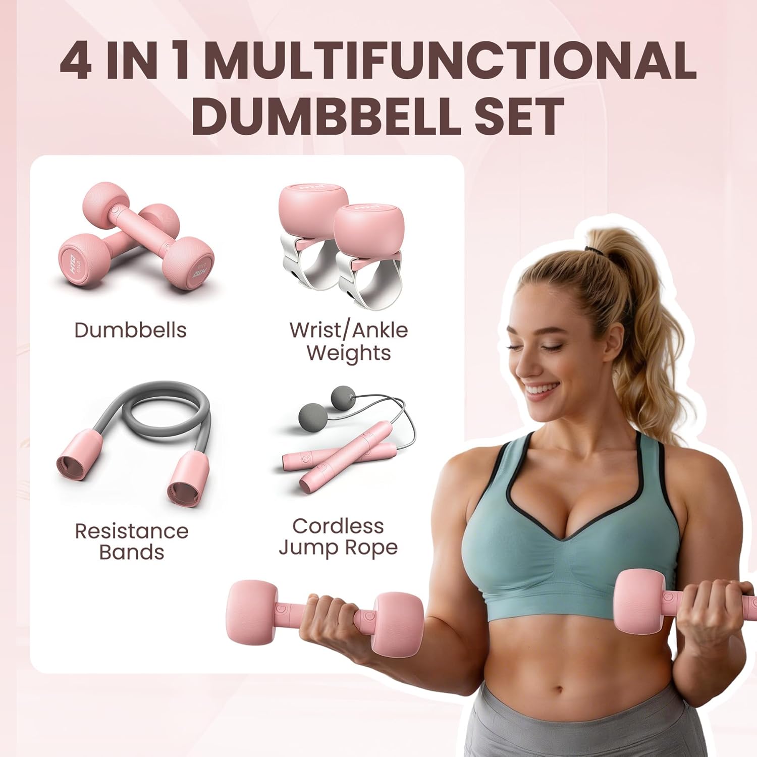 HTQ adjustable dumbbells 5 in 1 fitness set featuring dumbbells, barbell, kettlebells, jump rope, wrist weights, and resistance bands for home workouts.