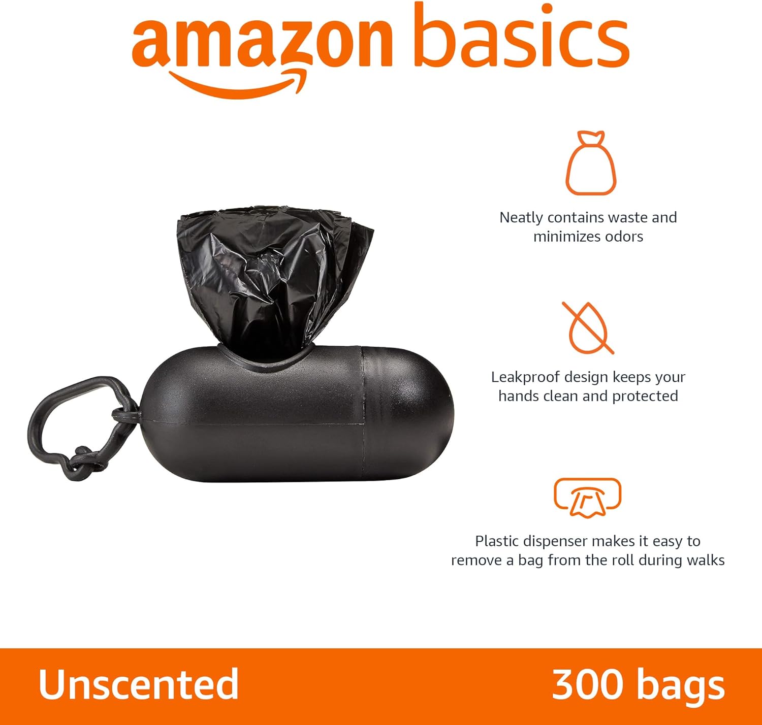 Amazon Basics Dog Poop Bags with Dispenser and Leash Clip Leak Proof Unscented Large Size 300 Count
