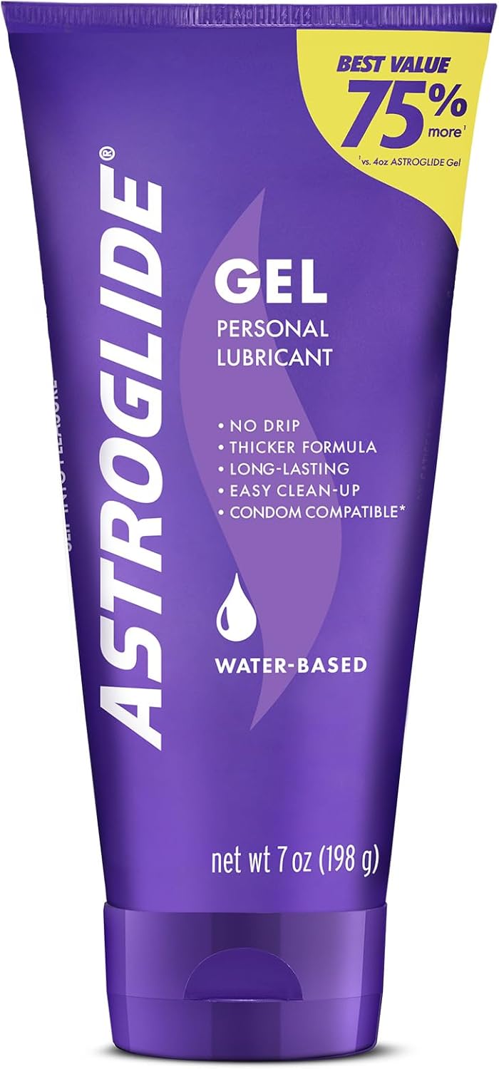 Astroglide Ultra Gentle Gel water based personal lubricant in a 7 oz bottle featuring a smooth no-drip and long-lasting formula.
