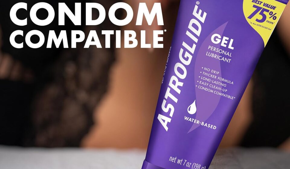 Astroglide Ultra Gentle Gel water based personal lubricant in a 7 oz bottle featuring a smooth no-drip and long-lasting formula.