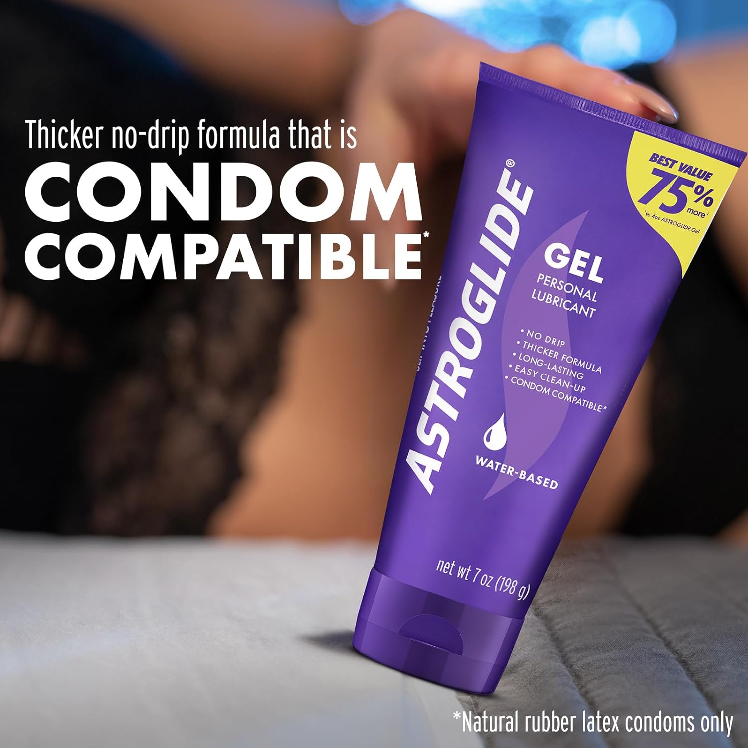 Astroglide Ultra Gentle Gel water based personal lubricant in a 7 oz bottle featuring a smooth no-drip and long-lasting formula.