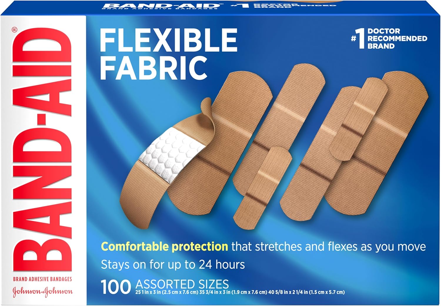 BAND-AID Flexible Fabric Adhesive Bandages assorted sizes for sterile wound care protection of cuts scrapes and burns