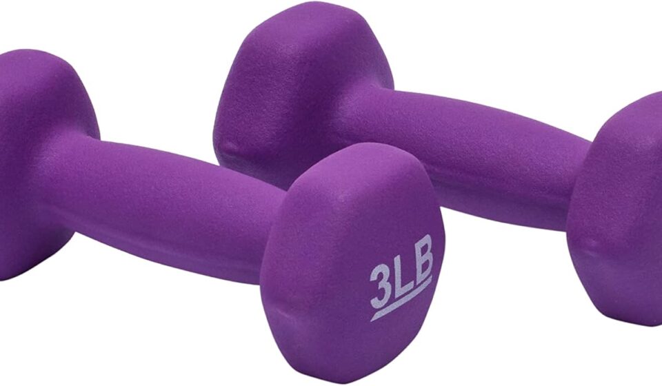Amazon Basics neoprene dumbbell hand weights with non-slip grip designed for strength training, fitness workouts, and muscle toning exercises.