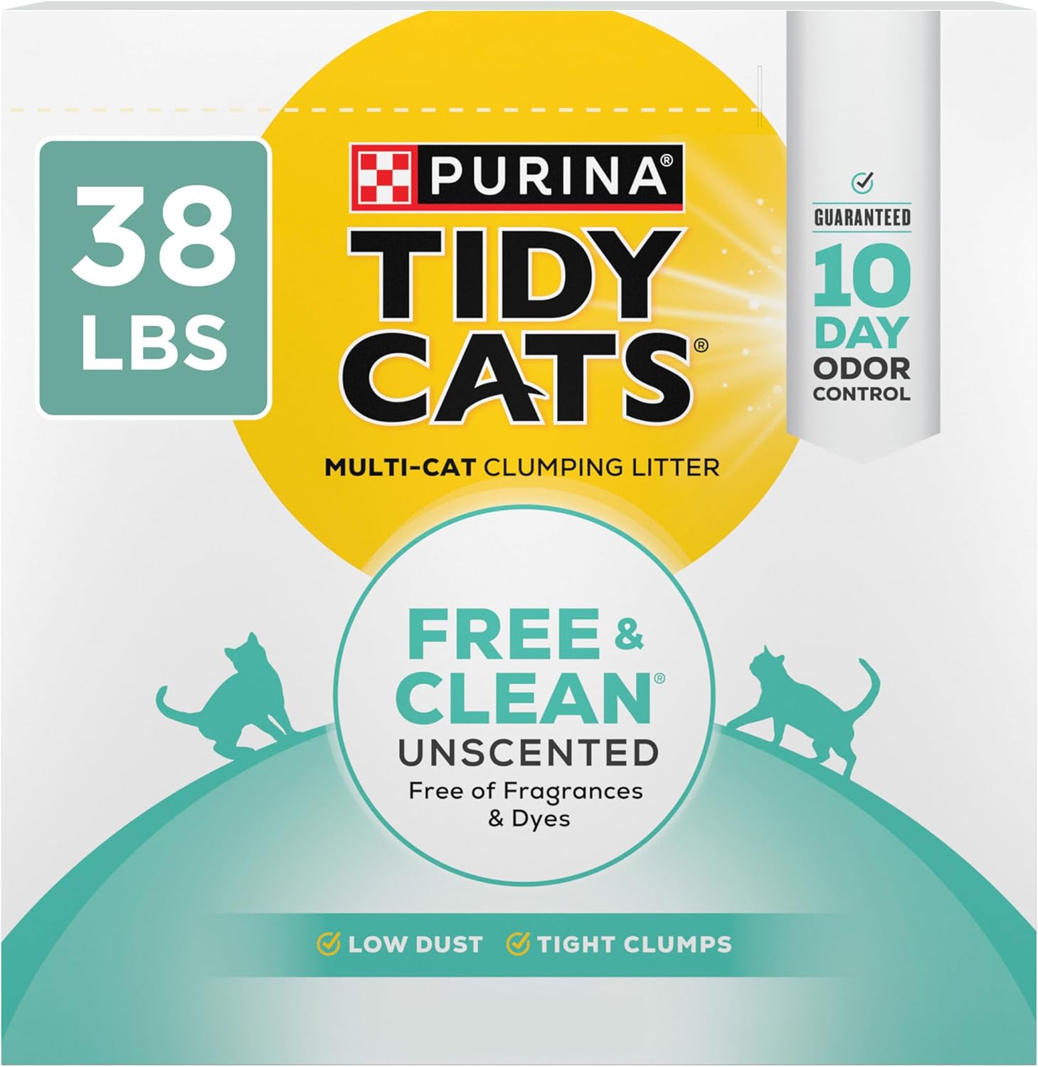 Purina Tidy Cats Free and Clean unscented clumping cat litter with odor control in a 38 lb box for easy litter box maintenance.