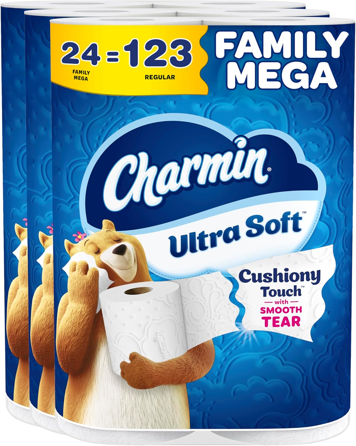 Charmin Ultra Soft Cushiony Touch Toilet Paper 24 Family Mega Rolls equivalent to 123 regular rolls in white packaging
