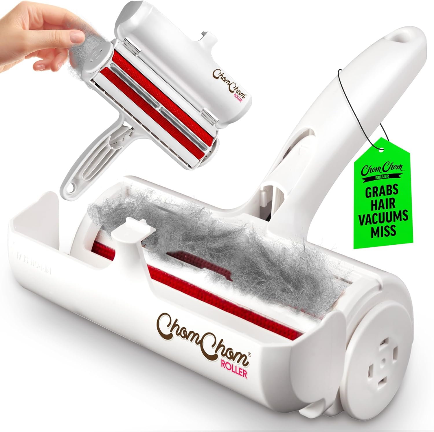 ChomChom Roller reusable pet hair remover for dog and cat hair on furniture couches carpets bedding and car interiors