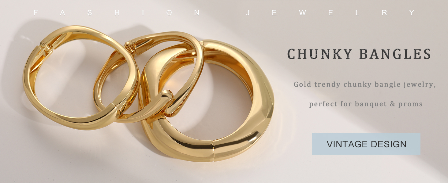 Chunky 14K gold plated stackable bangle bracelets for women with trendy statement cuff jewelry design