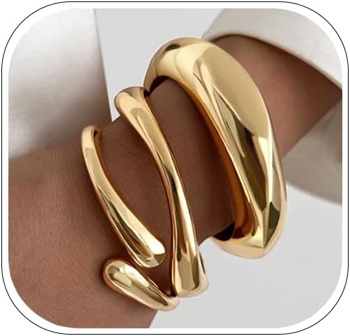 Chunky 14K gold plated stackable bangle bracelets for women with trendy statement cuff jewelry design