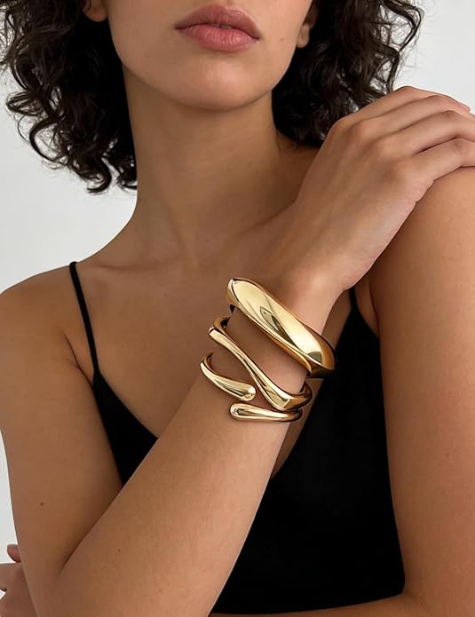 Chunky 14K gold plated stackable bangle bracelets for women with trendy statement cuff jewelry design