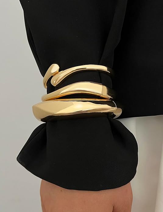 Chunky 14K gold plated stackable bangle bracelets for women with trendy statement cuff jewelry design