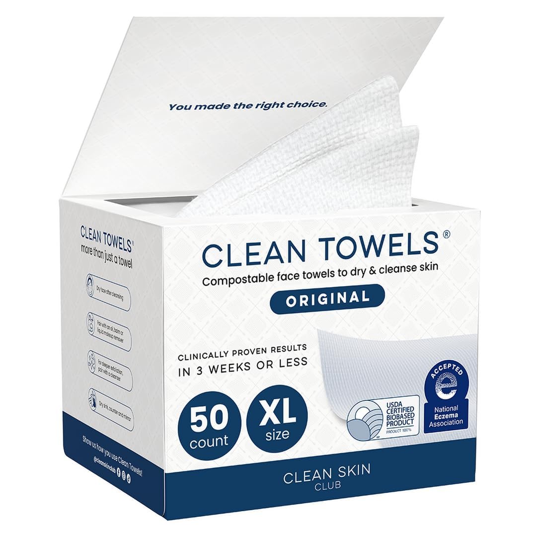 Clean Skin Club Clean Towels XL disposable face towels made from 100% USDA Biobased material for facial cleansing, skincare, and makeup removal.