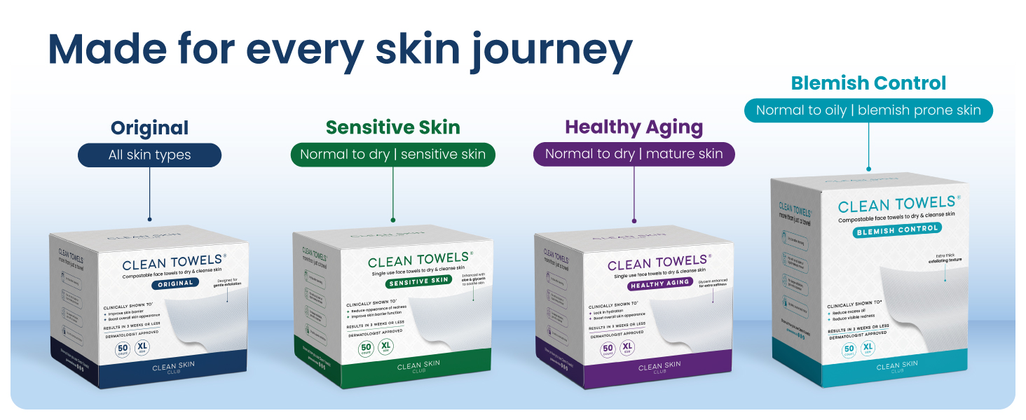 Clean Skin Club Clean Towels XL disposable face towels made from 100% USDA Biobased material for facial cleansing, skincare, and makeup removal.