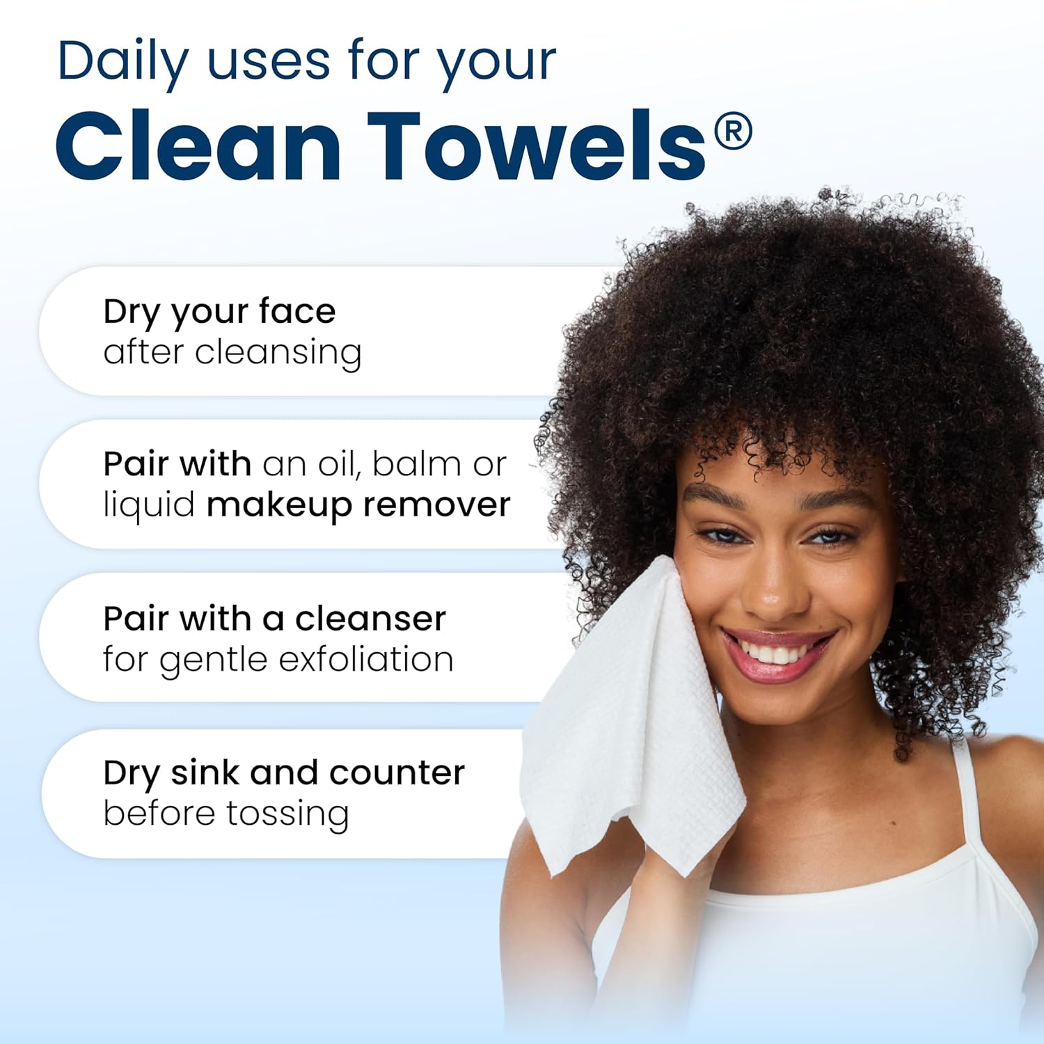 Clean Skin Club Clean Towels XL disposable face towels made from 100% USDA Biobased material for facial cleansing, skincare, and makeup removal.