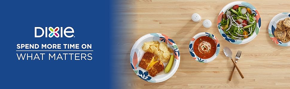 Dixie Medium Paper Plates 8.5 inch disposable plates designed for everyday meals with strong, soak-proof, microwave-safe construction.