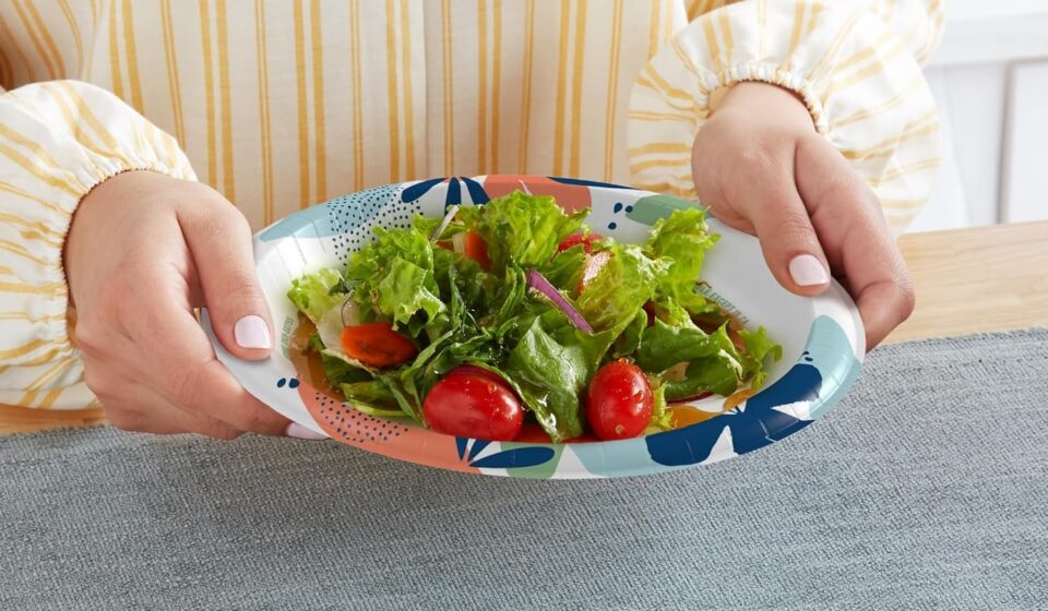 Dixie Medium Paper Plates 8.5 inch disposable plates designed for everyday meals with strong, soak-proof, microwave-safe construction.