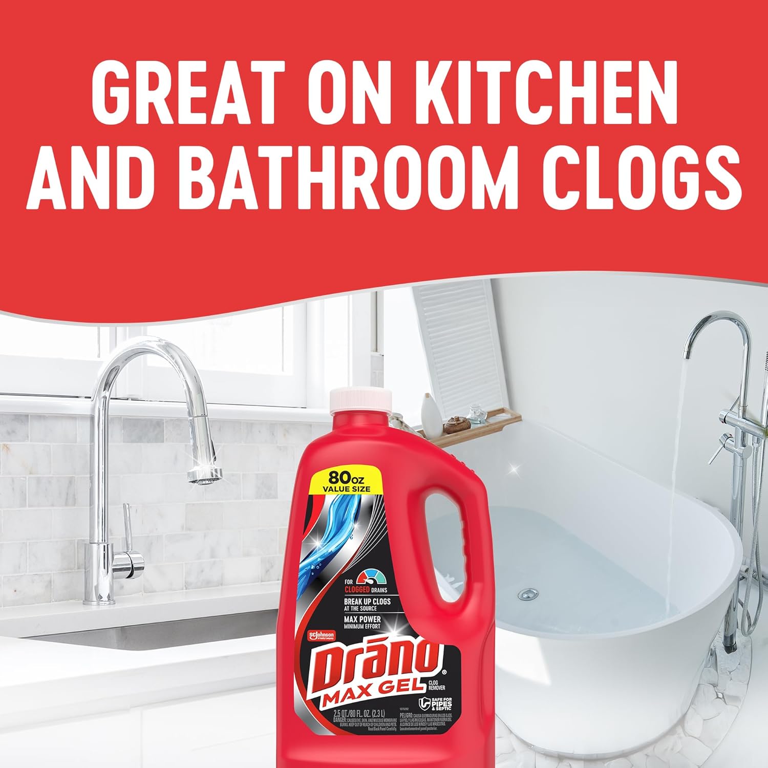 Drano Max Gel Drain Clog Remover and Cleaner 80 oz bottle for removing hair grease and food blockages in household drains