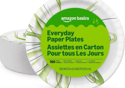 Amazon Basics 8.62 inch disposable paper plates with microwave-safe, cut-resistant, and soak-proof design in a 100 count pack.