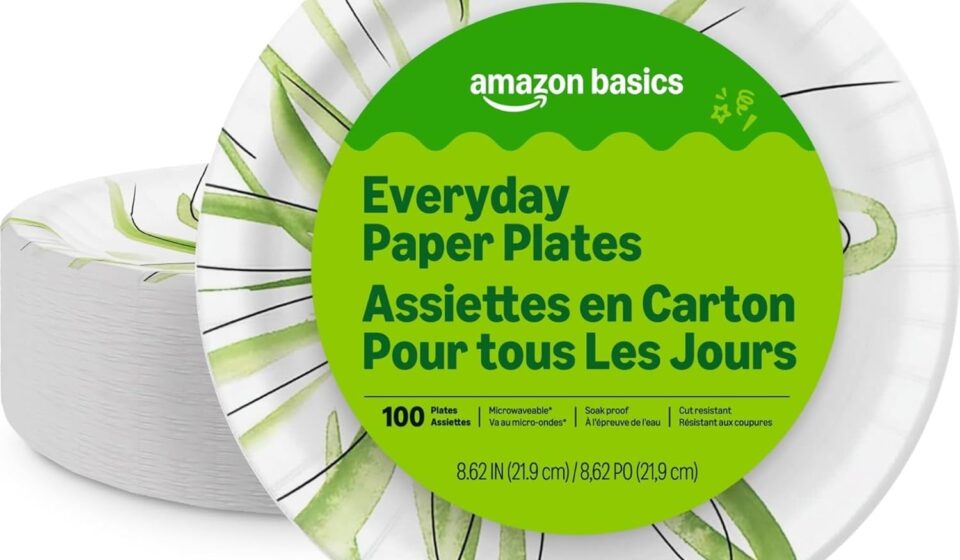 Amazon Basics 8.62 inch disposable paper plates with microwave-safe, cut-resistant, and soak-proof design in a 100 count pack.