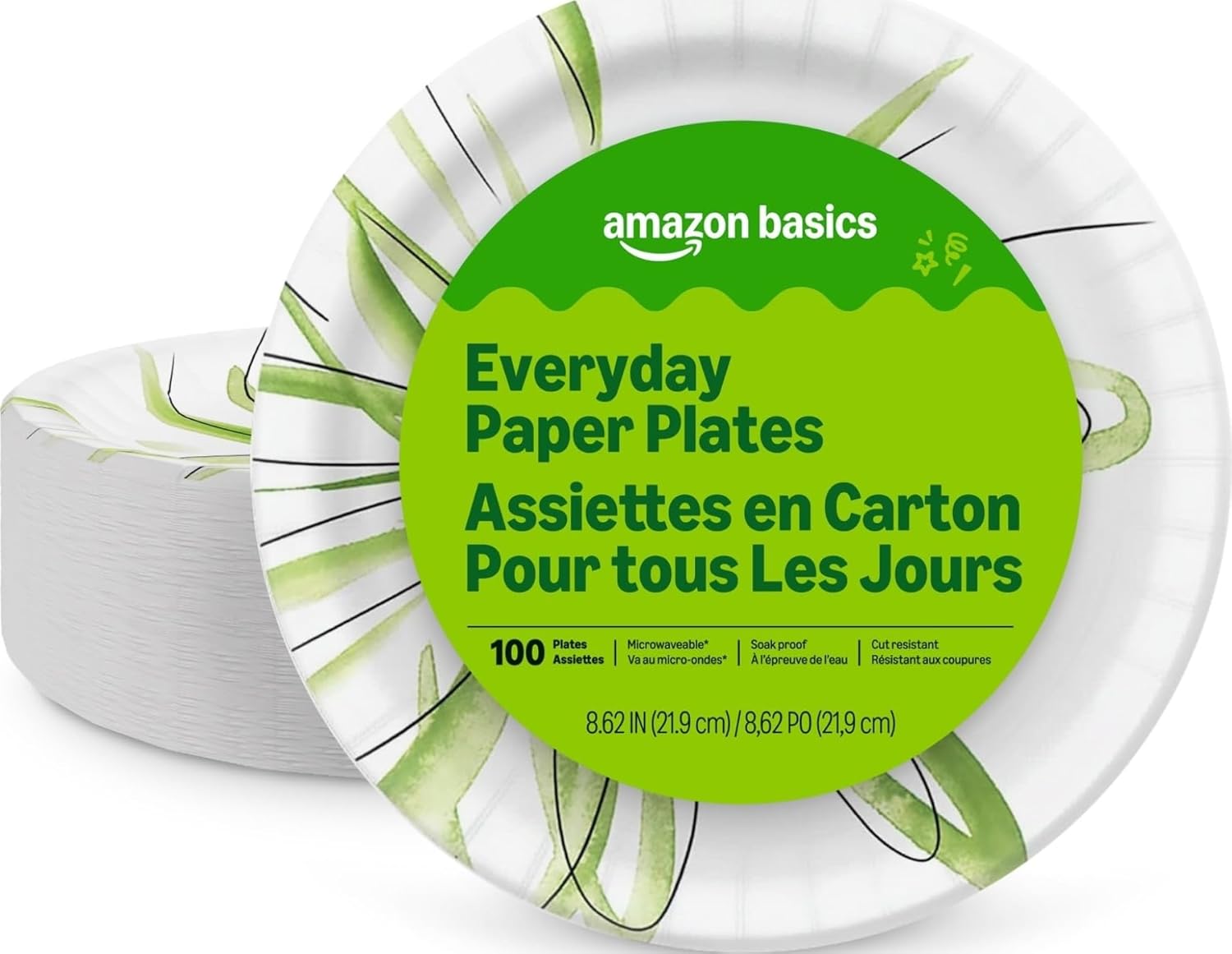 Amazon Basics 8.62 inch disposable paper plates with microwave-safe, cut-resistant, and soak-proof design in a 100 count pack.