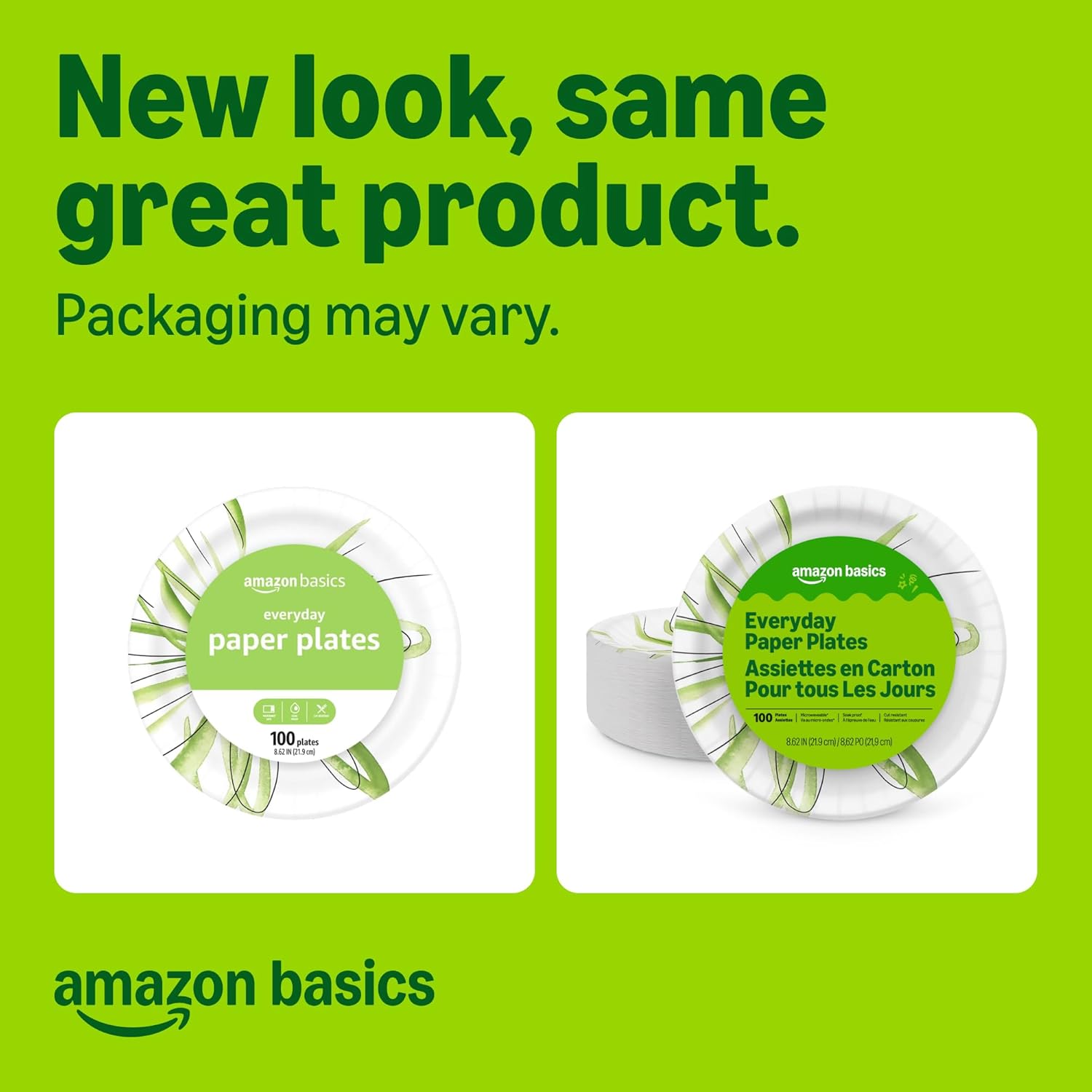 Amazon Basics 8.62 inch disposable paper plates with microwave-safe, cut-resistant, and soak-proof design in a 100 count pack.
