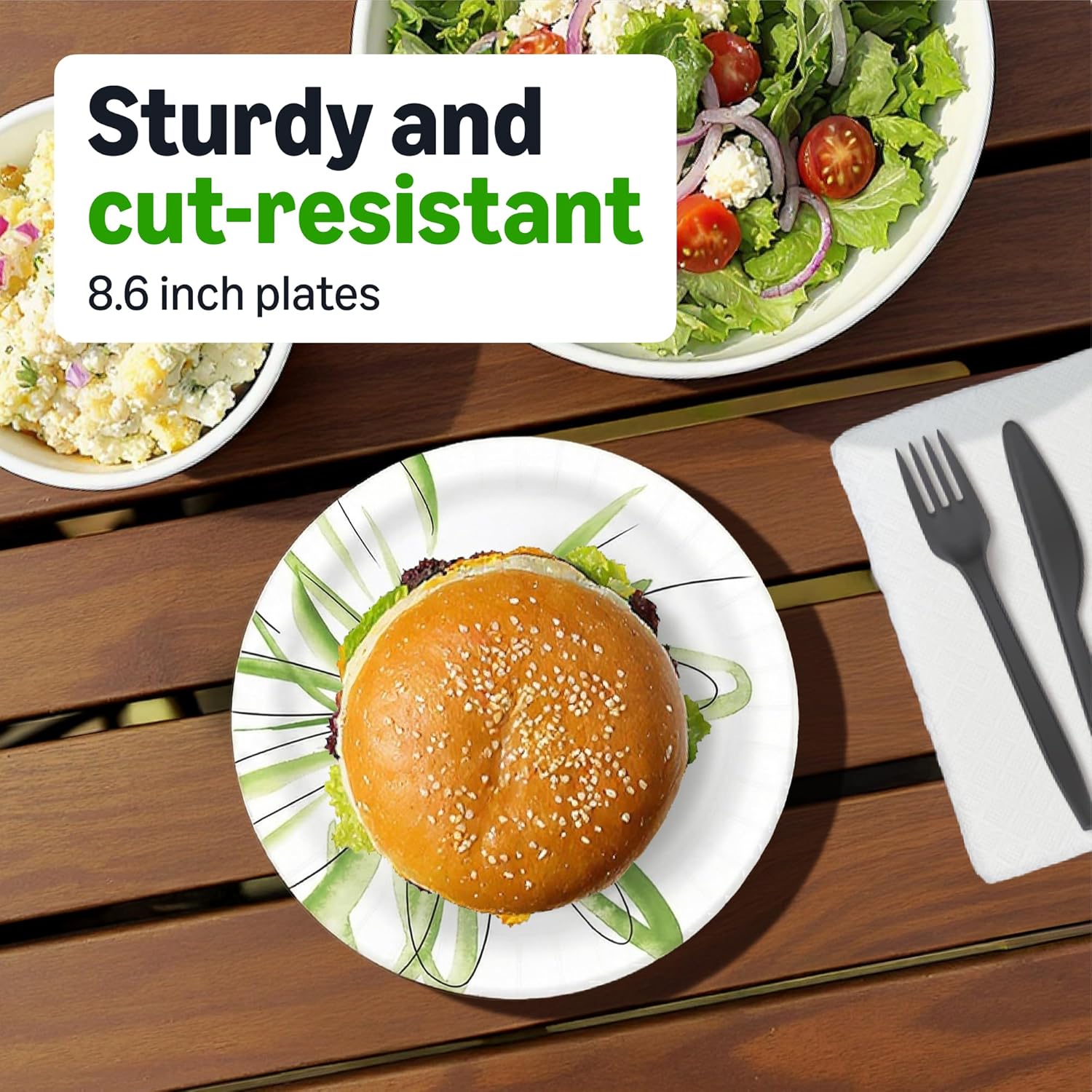 Amazon Basics 8.62 inch disposable paper plates with microwave-safe, cut-resistant, and soak-proof design in a 100 count pack.