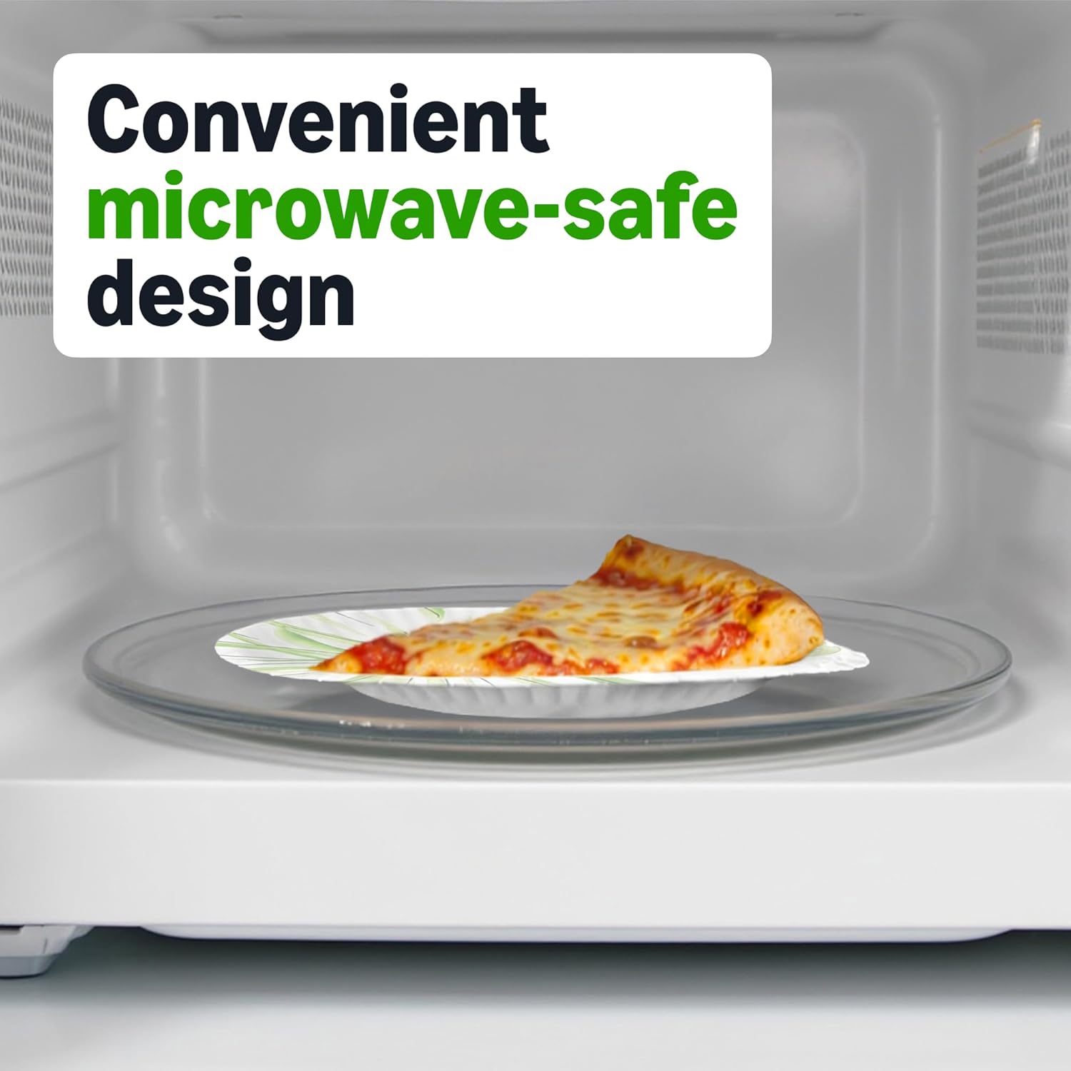 Amazon Basics 8.62 inch disposable paper plates with microwave-safe, cut-resistant, and soak-proof design in a 100 count pack.