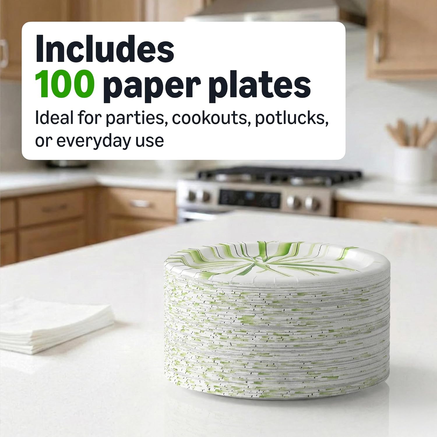 Amazon Basics 8.62 inch disposable paper plates with microwave-safe, cut-resistant, and soak-proof design in a 100 count pack.