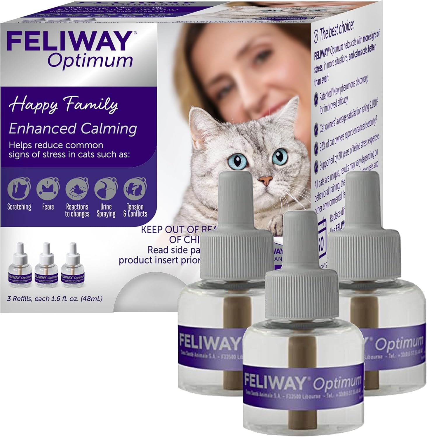 FELIWAY Optimum Cat Calming Diffuser Refill 3 pack providing 90 days of cat stress relief and behavior support for spraying, scratching, and anxiety.