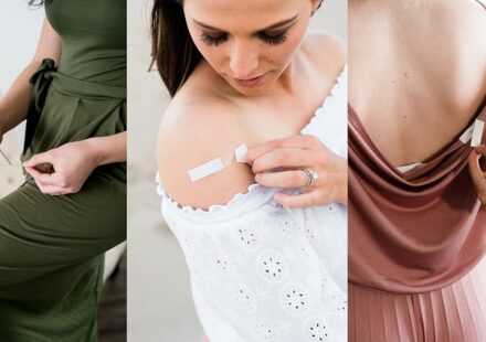 Fearless Tape double sided clothing tape with 50 clear adhesive strips for securing dresses, tops, and fashion garments throughout the day.