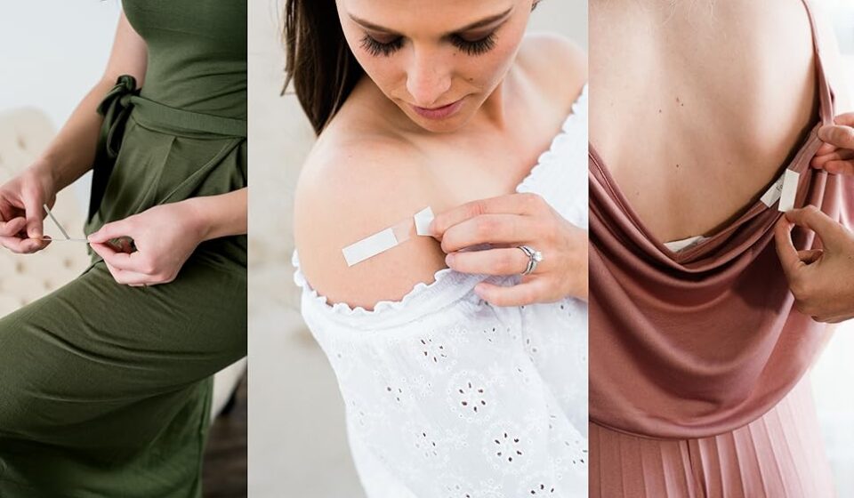 Fearless Tape double sided clothing tape with 50 clear adhesive strips for securing dresses, tops, and fashion garments throughout the day.
