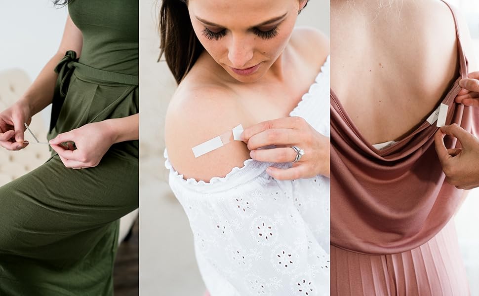 Fearless Tape double sided clothing tape with 50 clear adhesive strips for securing dresses, tops, and fashion garments throughout the day.