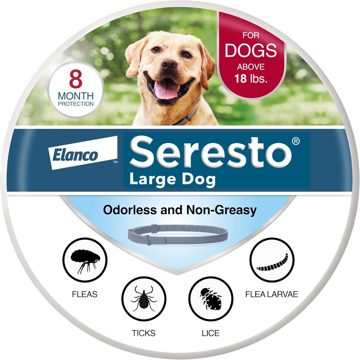 Seresto flea and tick collar for dogs over 18 pounds providing 8 month flea prevention and tick protection treatment.