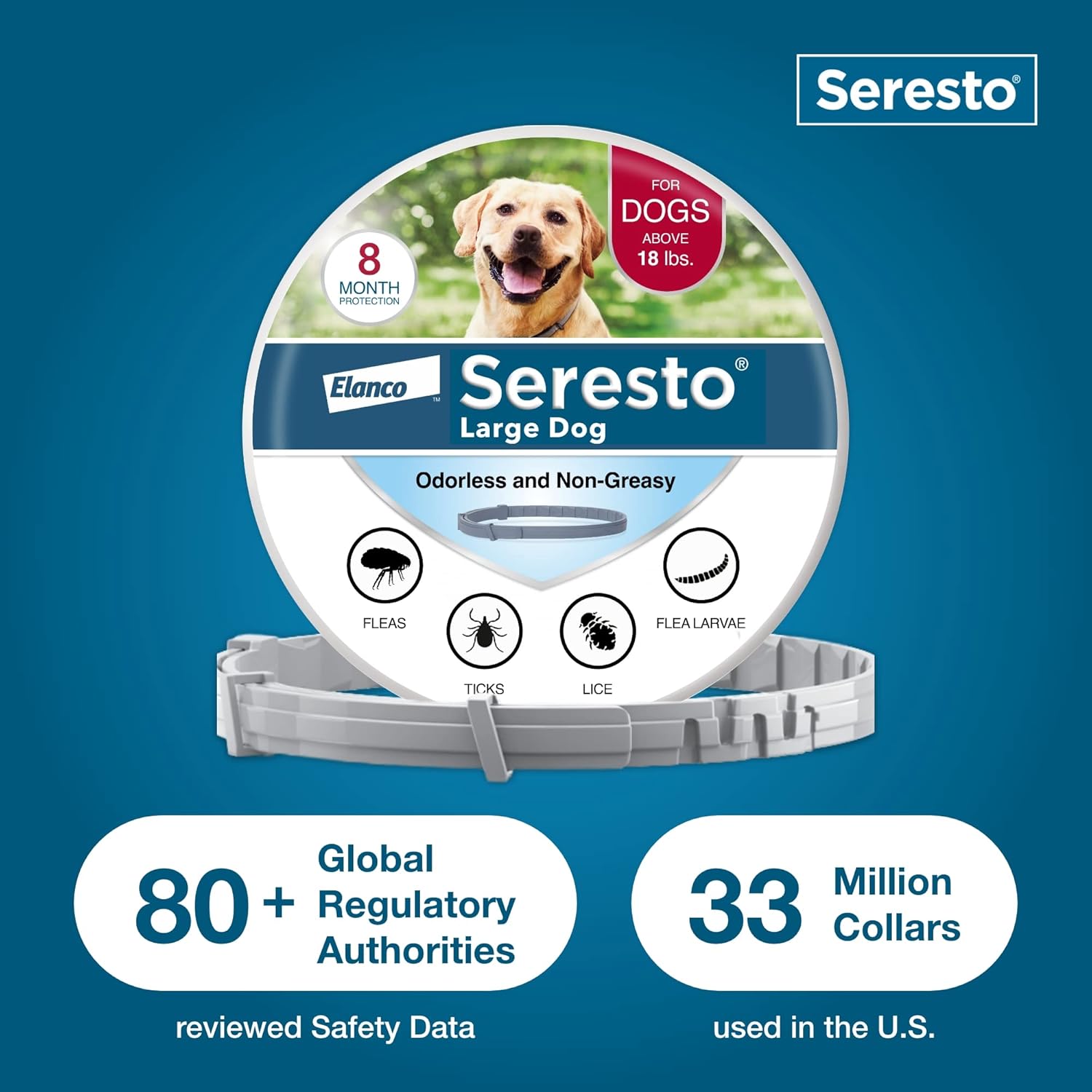 Seresto flea and tick collar for dogs over 18 pounds providing 8 month flea prevention and tick protection treatment.