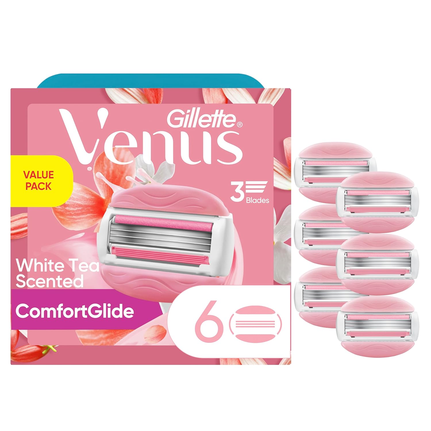 Gillette Venus ComfortGlide White Tea Women's Razor Blade Refills 6 Count with Moisture Bars and 3-Blade Shaving Technology
