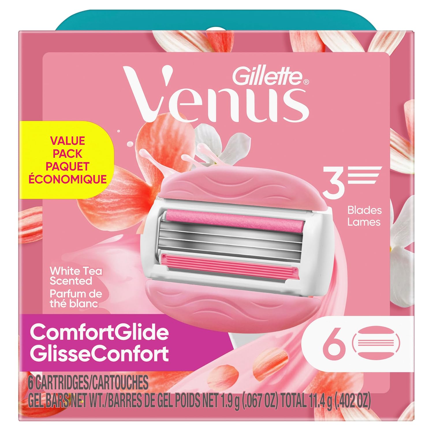 Gillette Venus ComfortGlide White Tea Women's Razor Blade Refills 6 Count with Moisture Bars and 3-Blade Shaving Technology