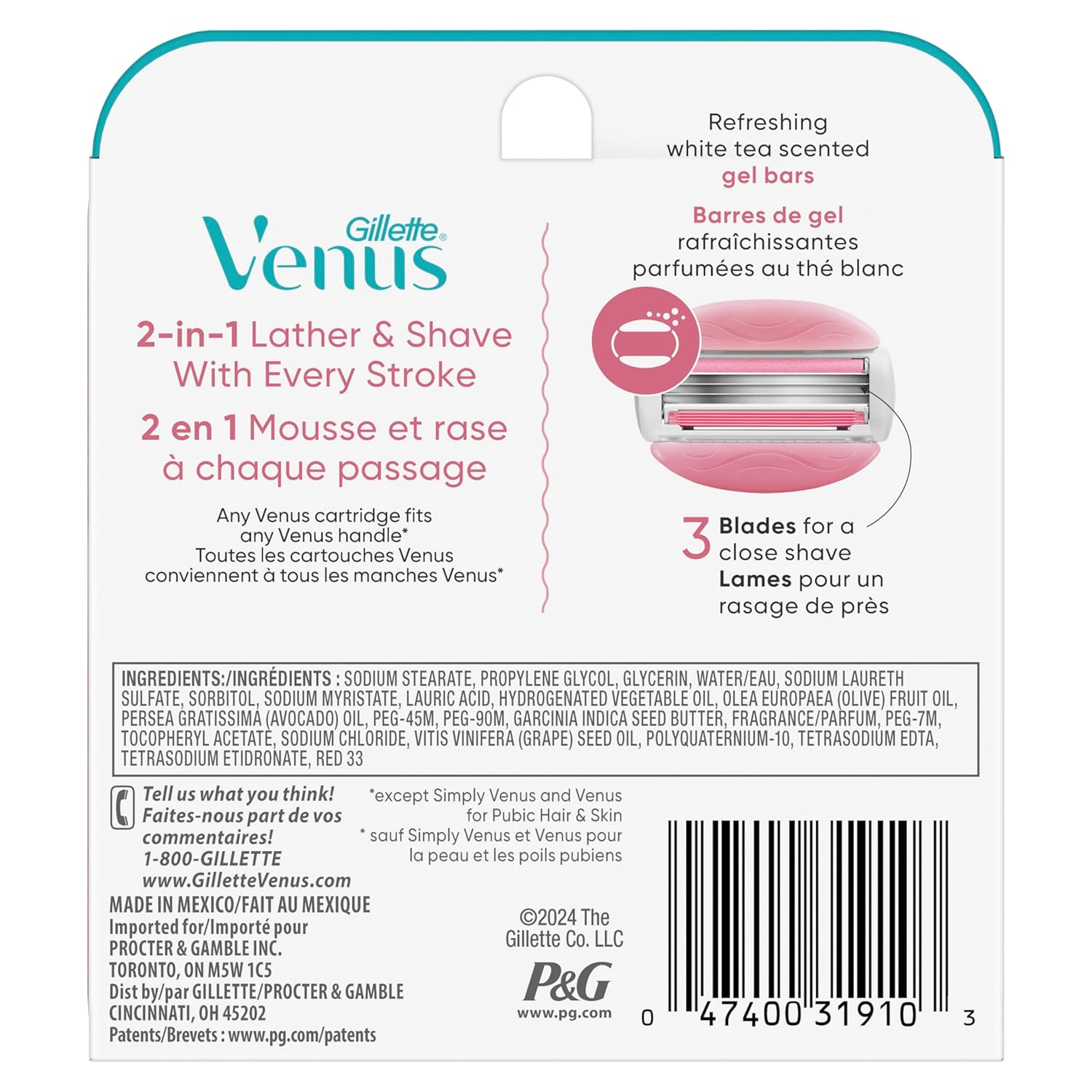 Gillette Venus ComfortGlide White Tea Women's Razor Blade Refills 6 Count with Moisture Bars and 3-Blade Shaving Technology