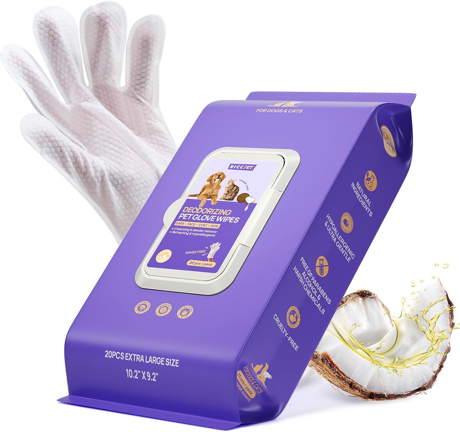 HICC PET cleaning and deodorizing glove wipes for dogs cats and horses with hypoallergenic no-rinse coconut scented formula