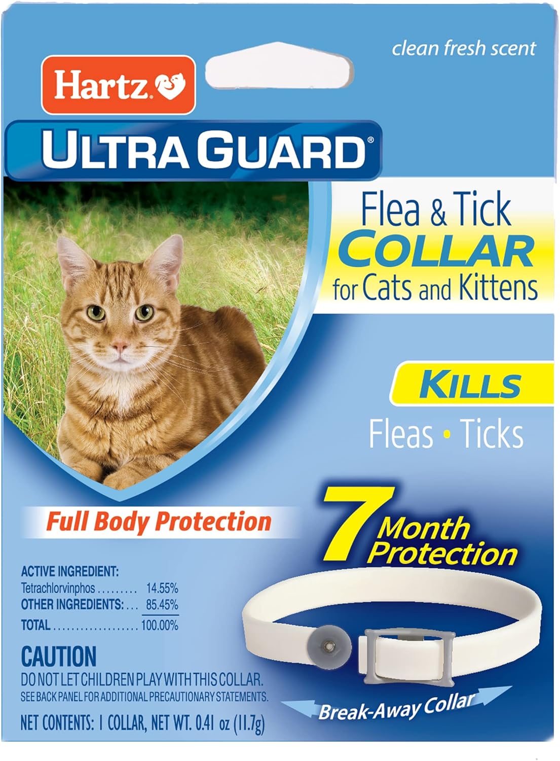 Hartz UltraGuard Flea and Tick Collar for cats and kittens offering 7 months of flea and tick protection with an adjustable white collar.