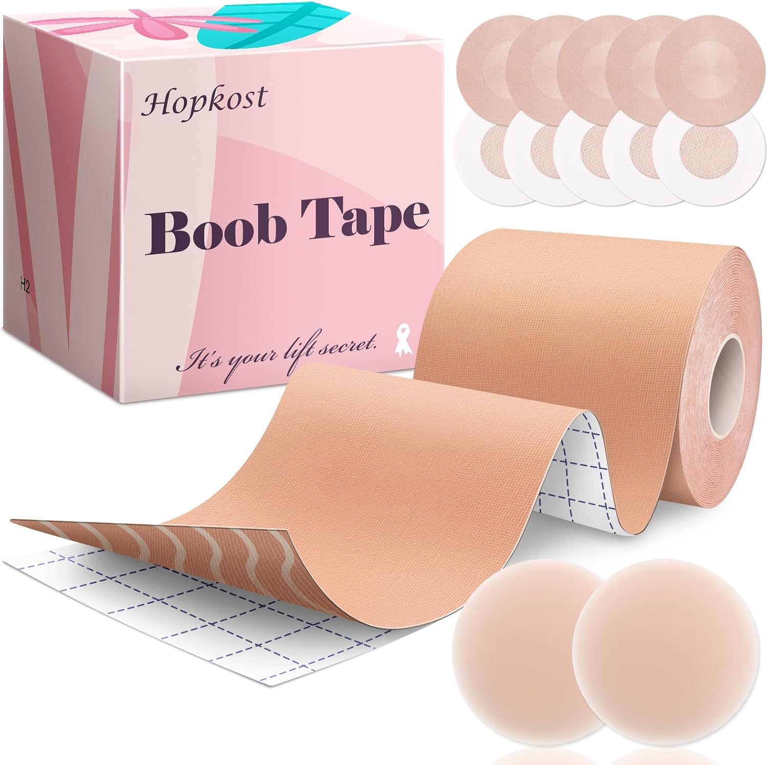 Hopkost Boob Tape Breast Lift Tape in beige with two nipple covers, designed to provide invisible lift, shaping, and support for A-G cup sizes under backless and strapless outfits.